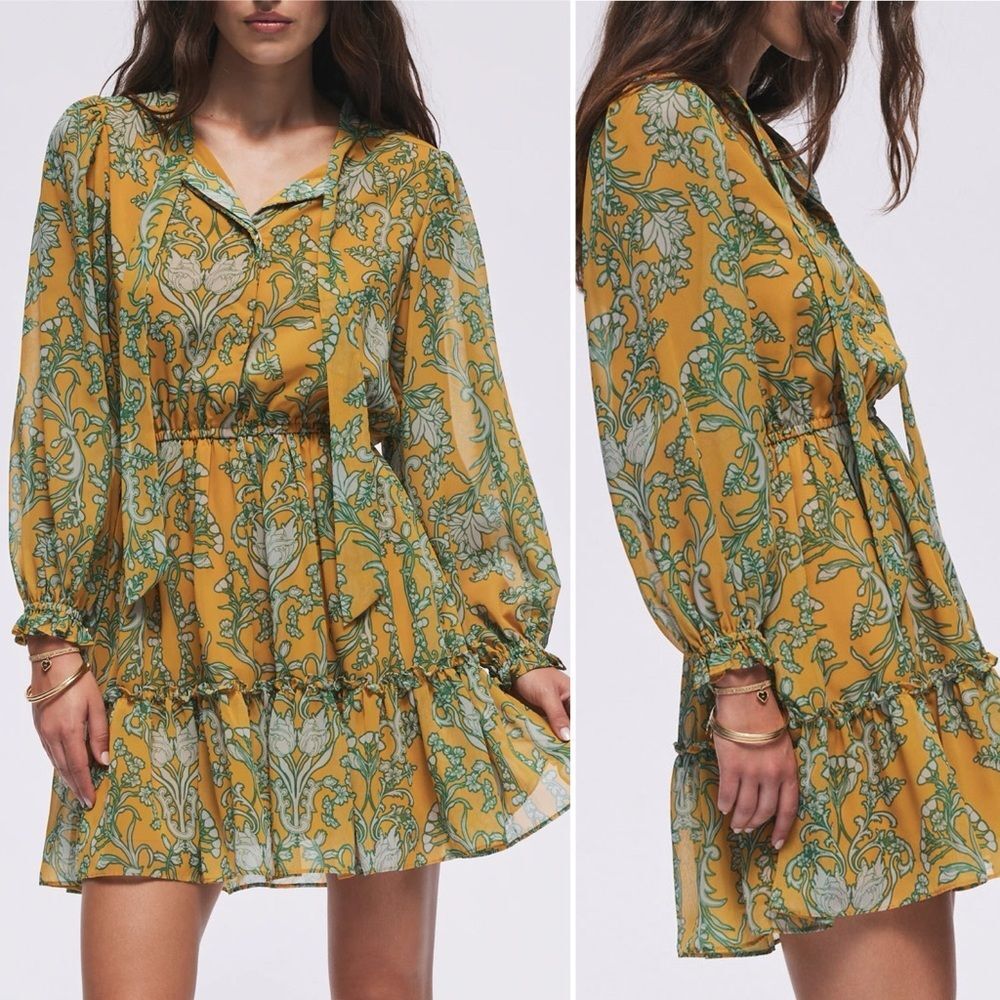 Hermoza Tiered Lee Collar Neck Bishop Sleeve Mini Dress In Saffron M